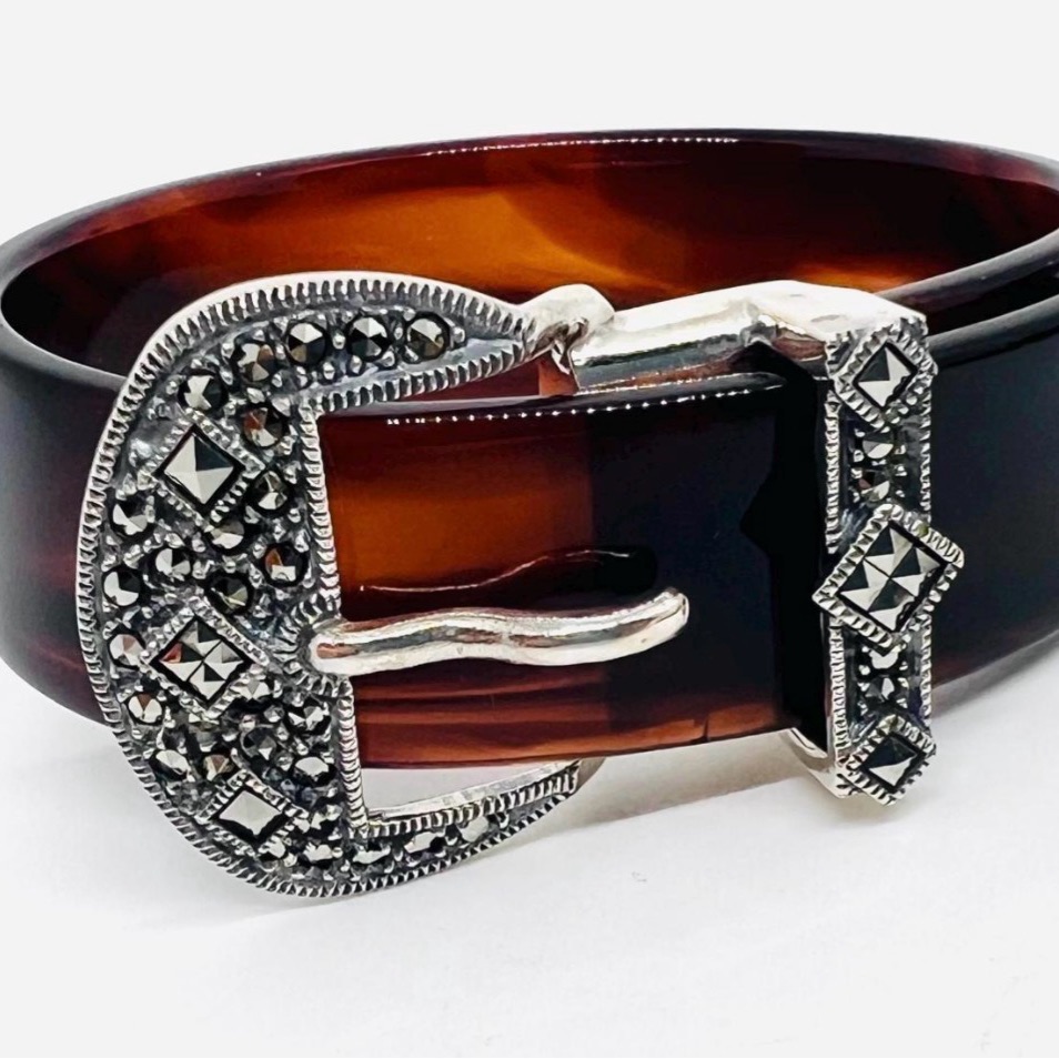 Judith Jack Sterling Silver Marcasite Lucite Buckle Cuff Bracelet Gemstone